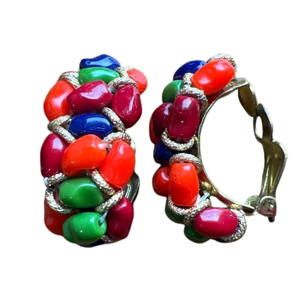Vintage Colorful Beaded Clip On Earrings